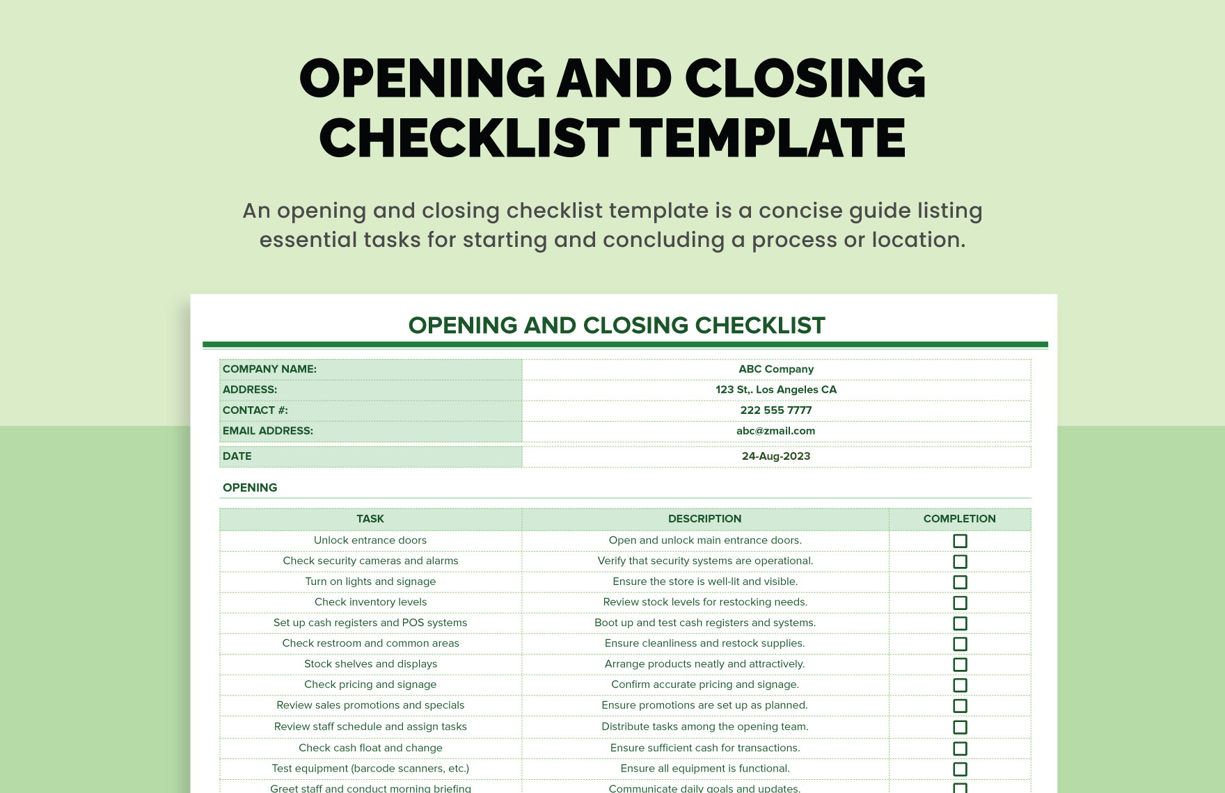 Free Open Office Checklist Template - opening and closing checklist
