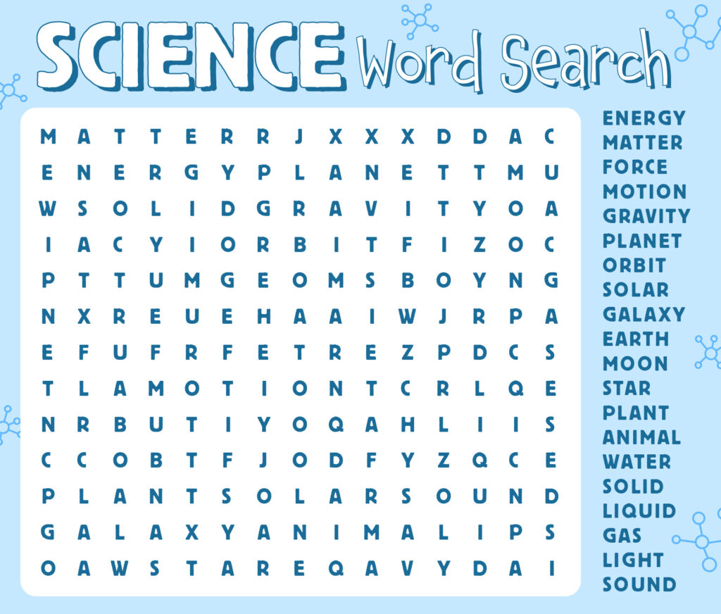 Free Printable Science Word Search featuring various science-related terms for educational fun