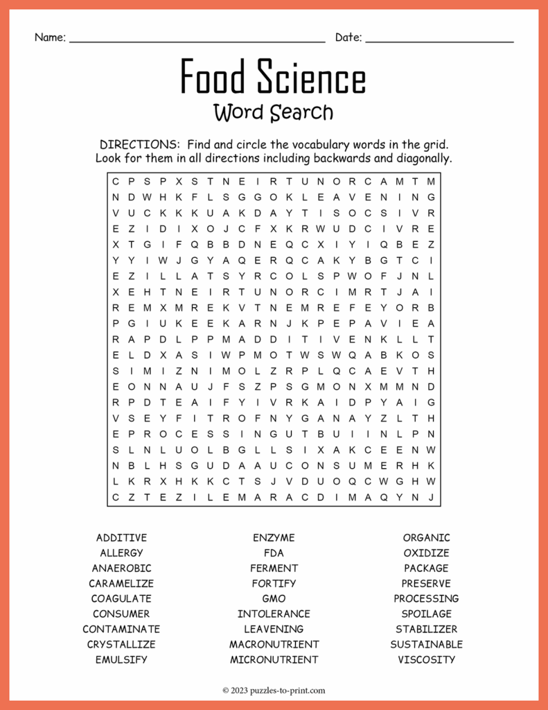 Free Printable Science Word Search Puzzles featuring food science vocabulary in a grid format
