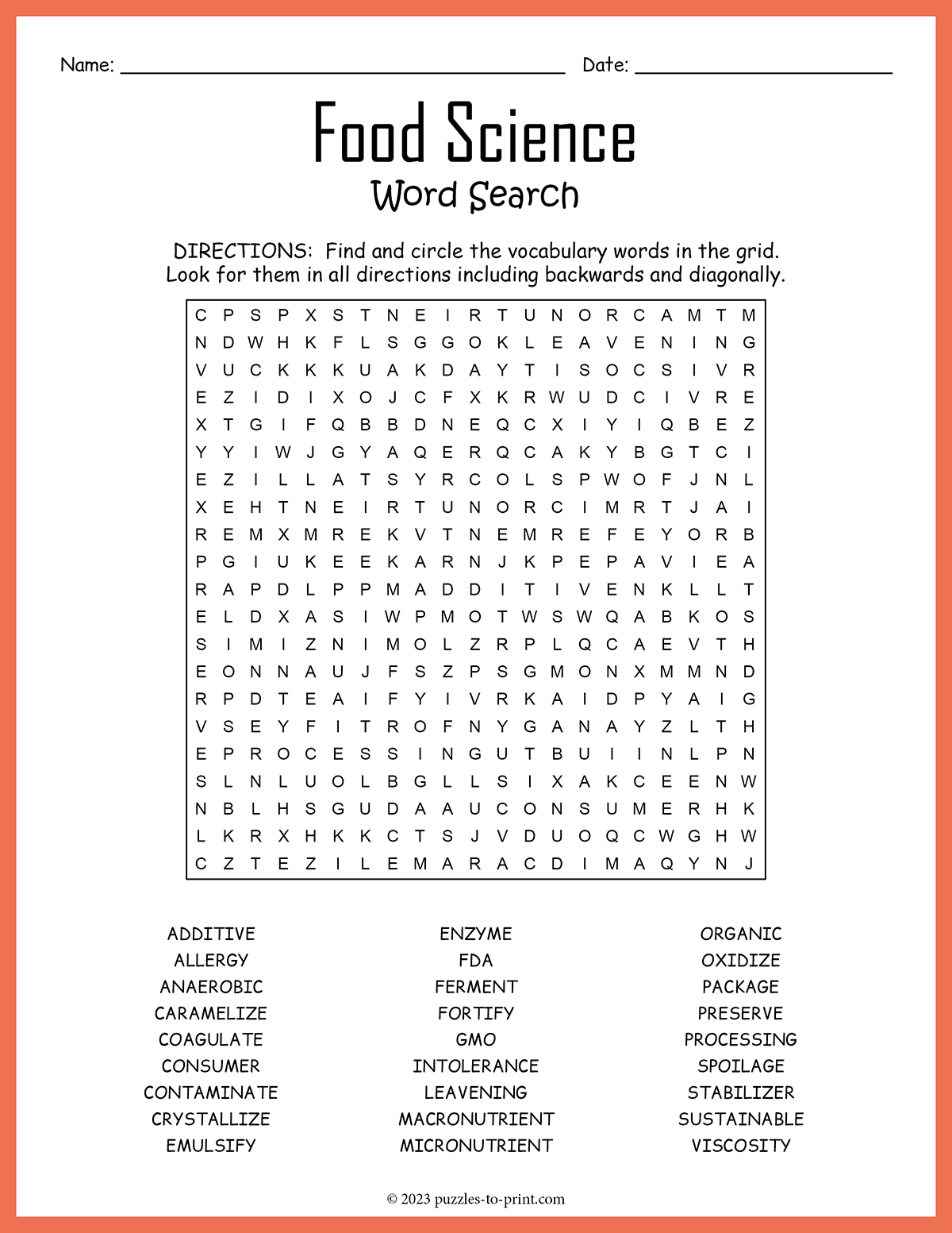 Free Printable Science Word Search Puzzles featuring food science vocabulary in a grid format