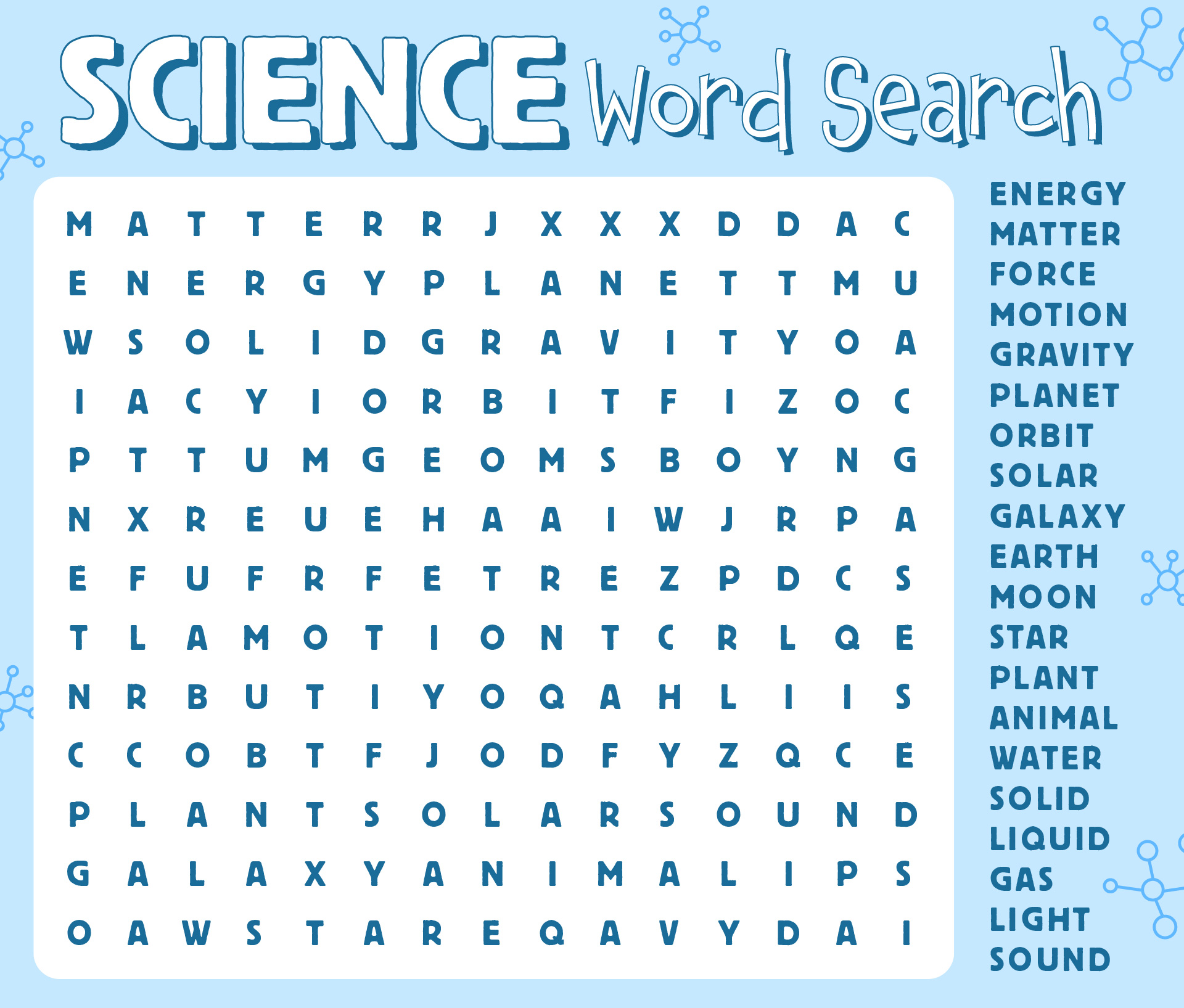Free Printable Science Word Search featuring various science-related terms for educational fun