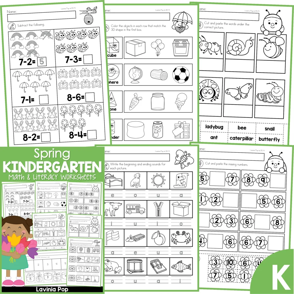 Free Printable Spring Worksheets For Kindergarten featuring math and literacy activities for kids