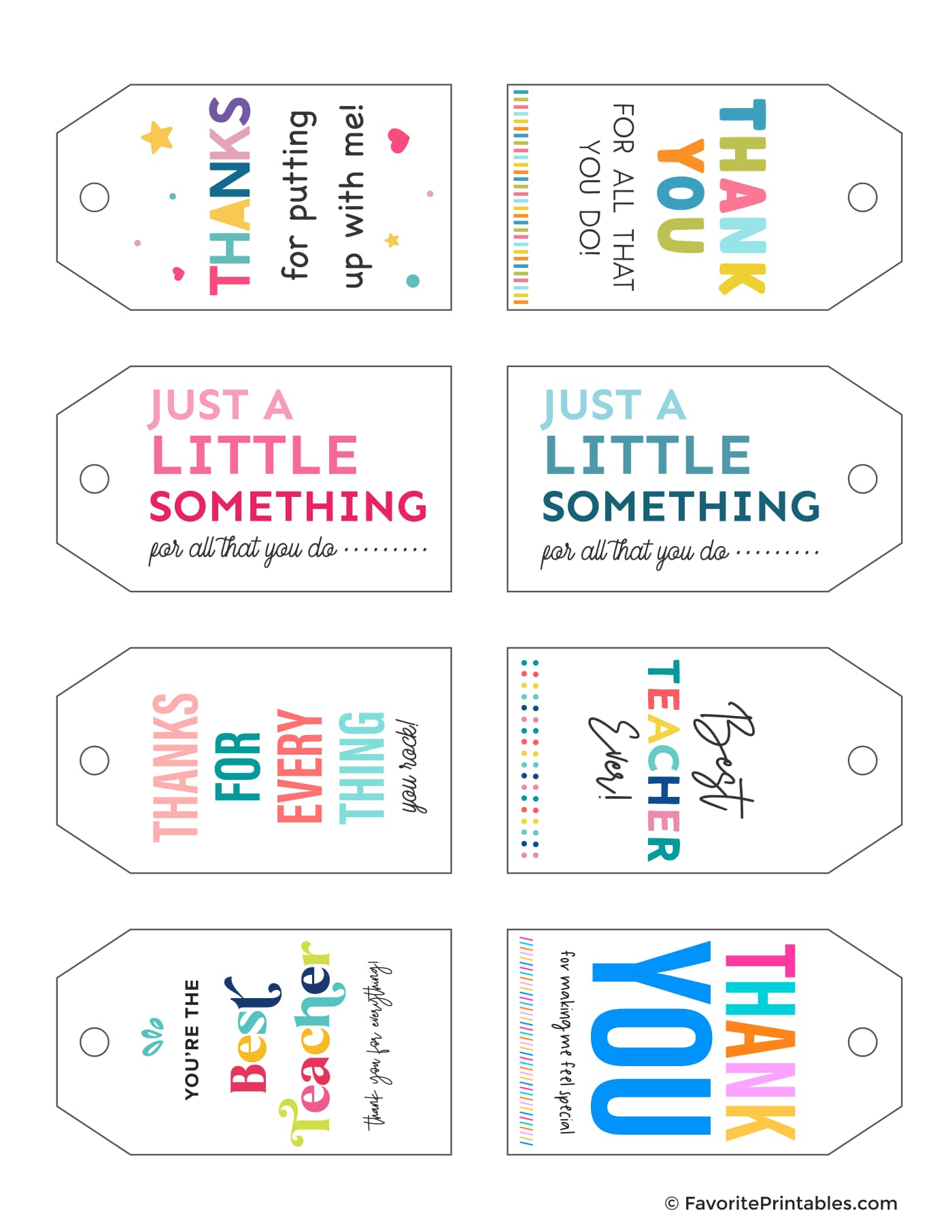 Free Printable Teacher Appreciation Gift Tags featuring colorful designs and heartfelt messages