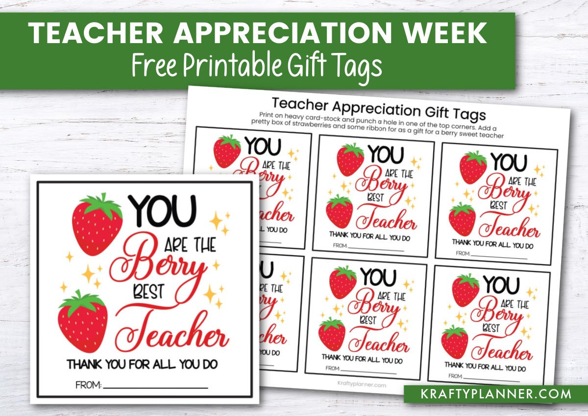 Free Printable Teacher Appreciation Tag featuring strawberry designs and heartfelt messages for teachers
