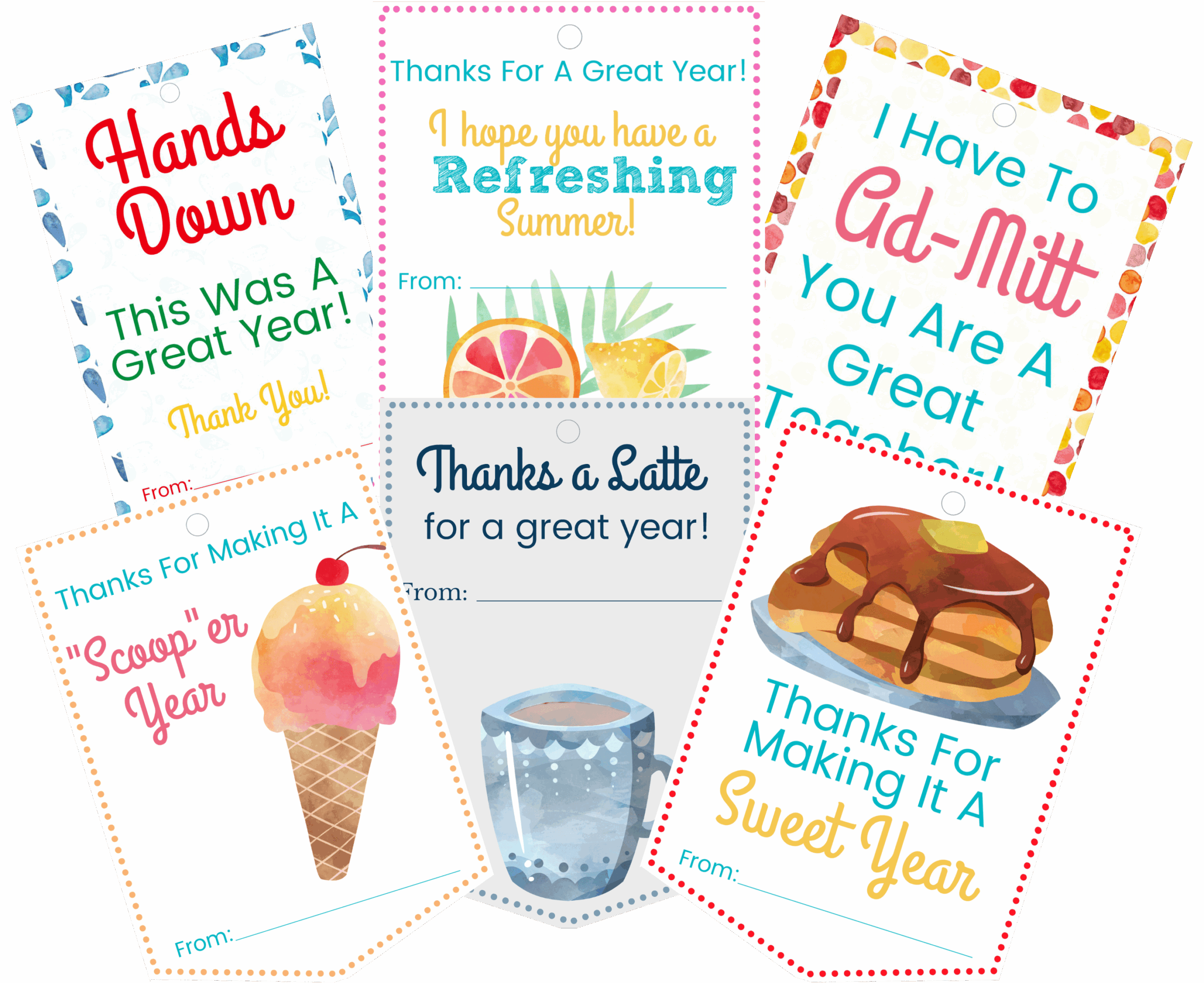 Free Printable Teacher Gift Tags featuring fun designs for end-of-year gifts