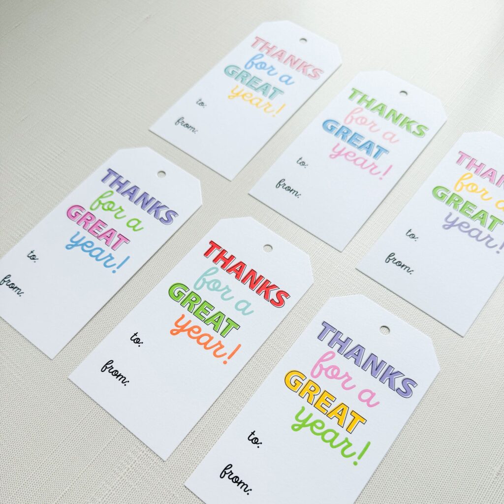 Free Teacher Appreciation Gift Tags featuring colorful designs with 'Thanks for a Great Year!' text