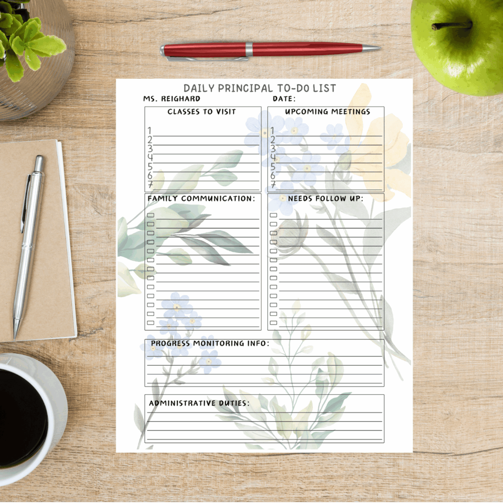 fully customizable daily principal to do list floral watercolor