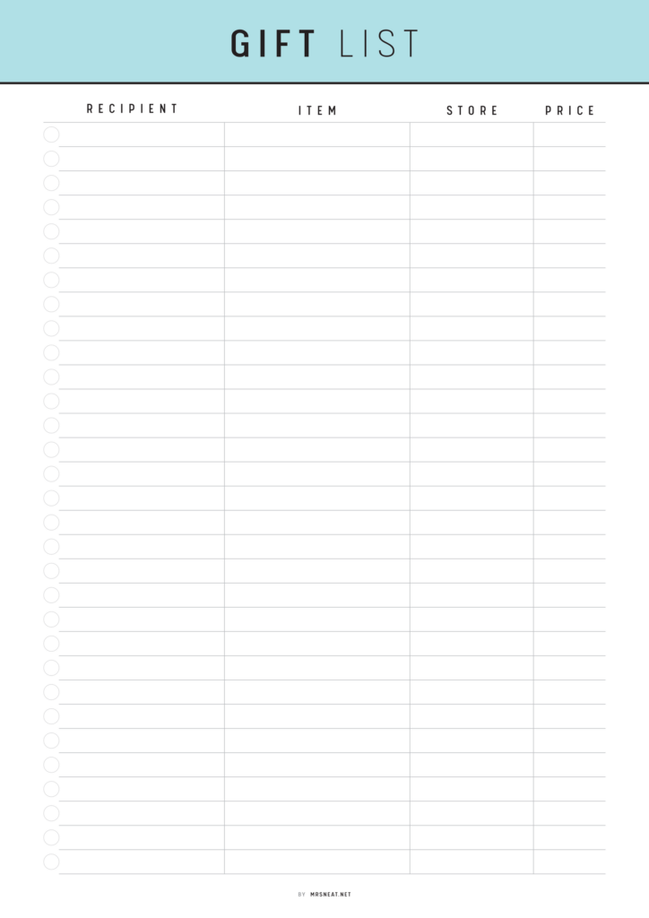 gift list template printable