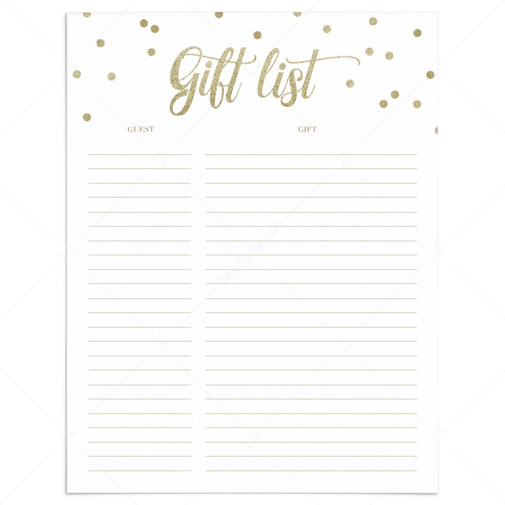 gold confetti gift list printable