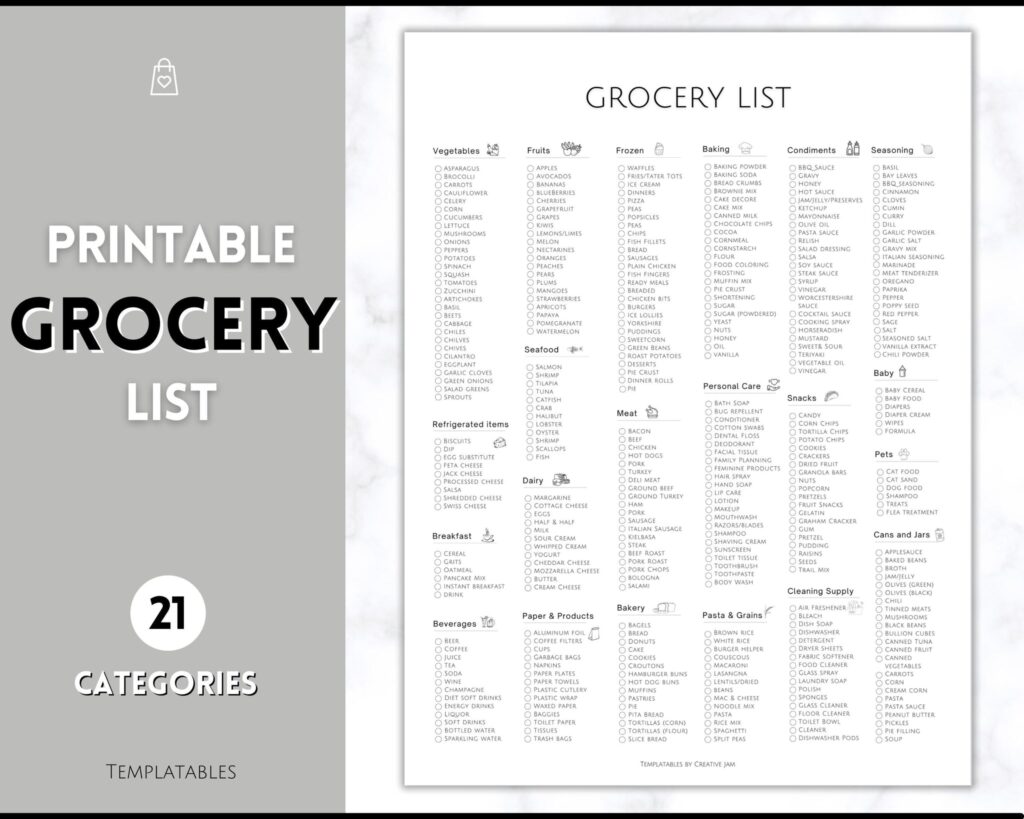 grocery list printable mono