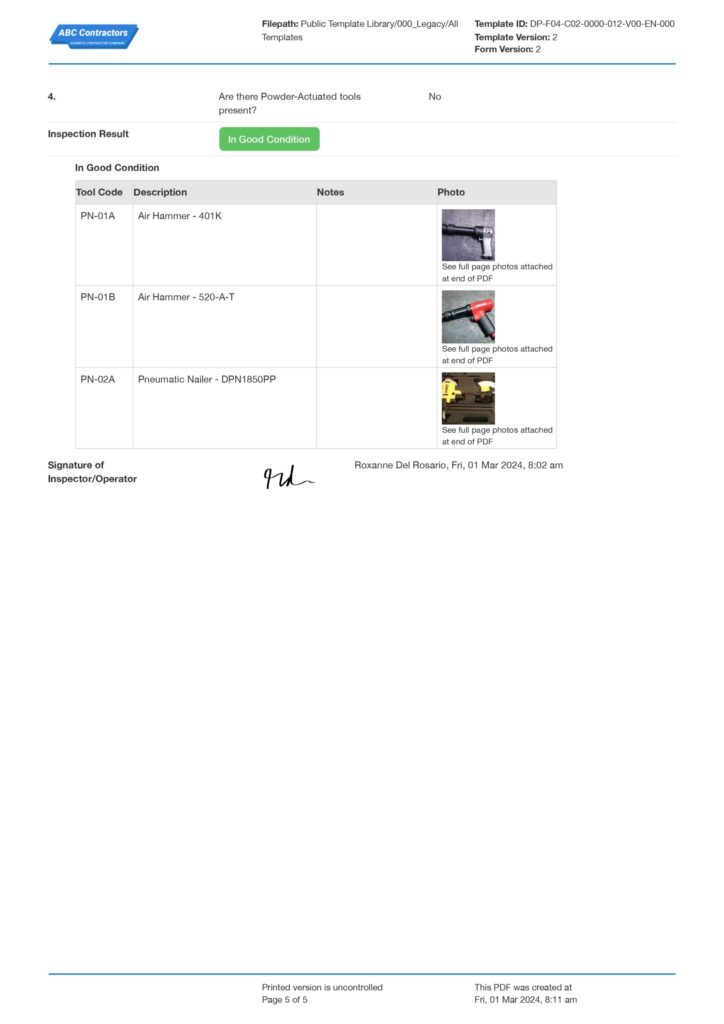 Hand Tool Checklist Template Download - power tool inspection checklist