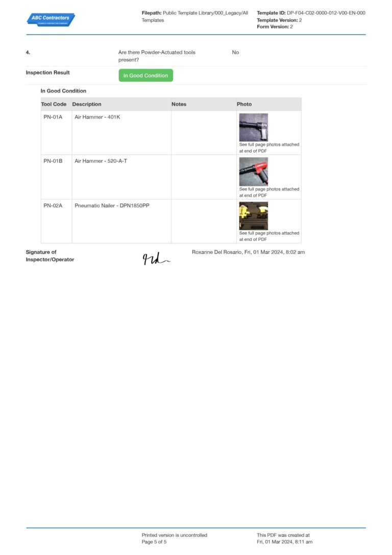 Hand Tool Checklist Template Download - power tool inspection checklist
