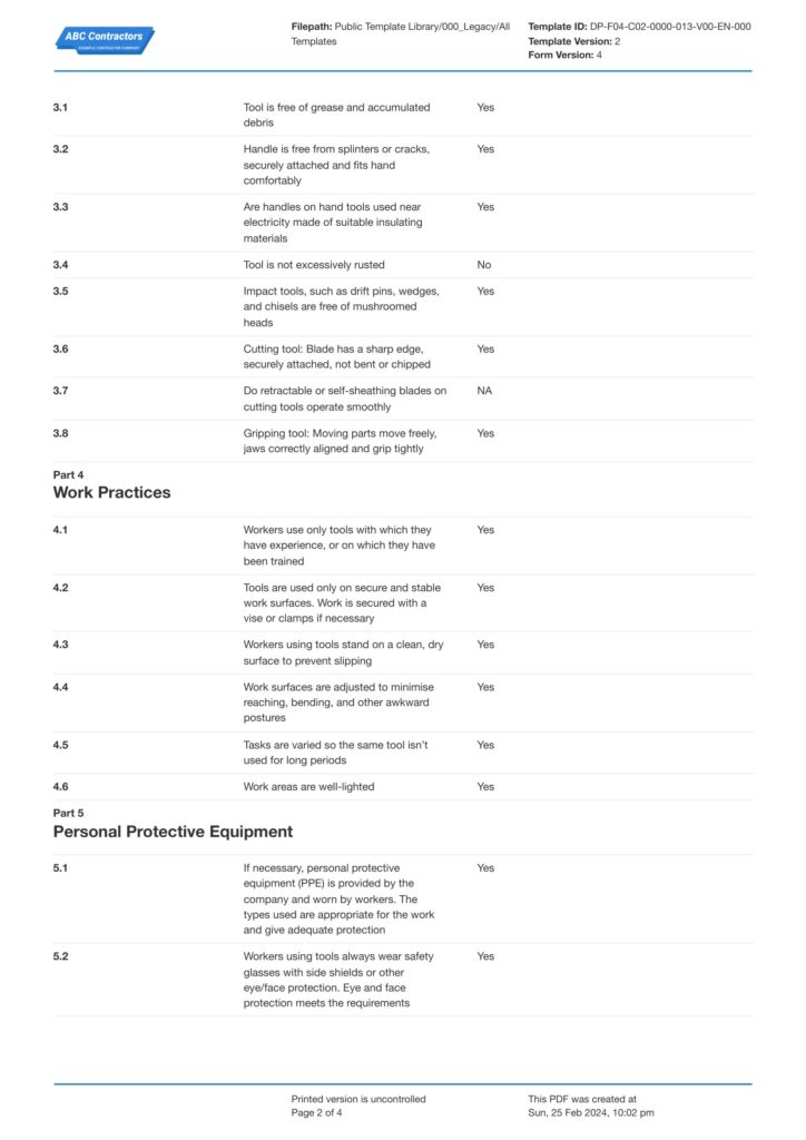 hand tool inspection checklist template