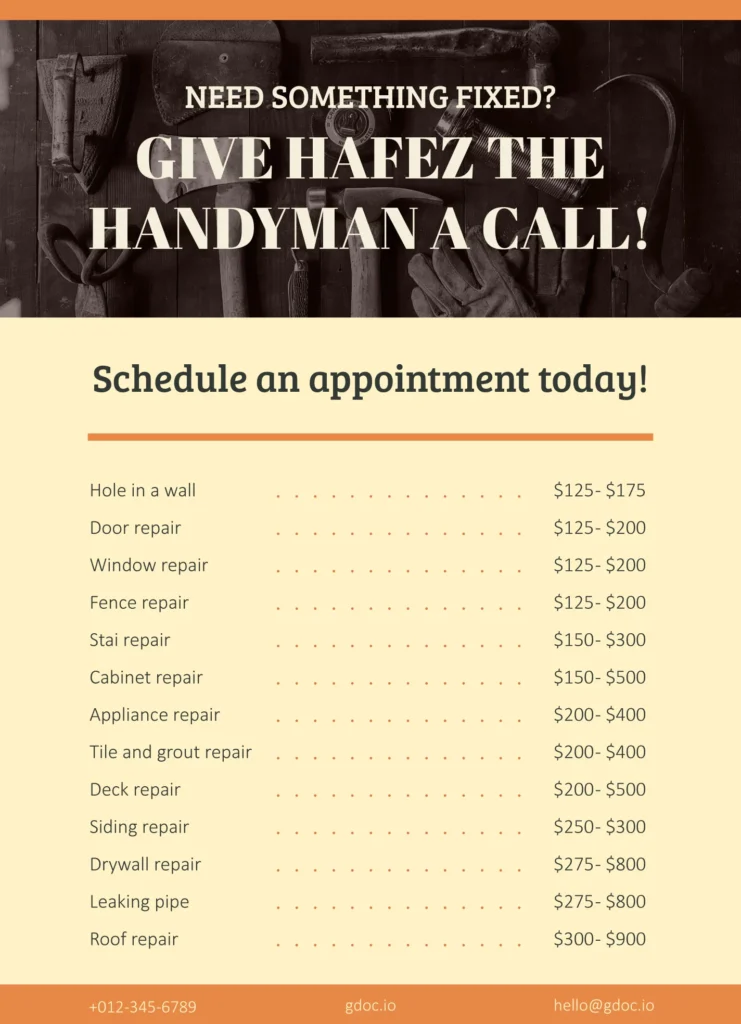 handyman price list free google docs template