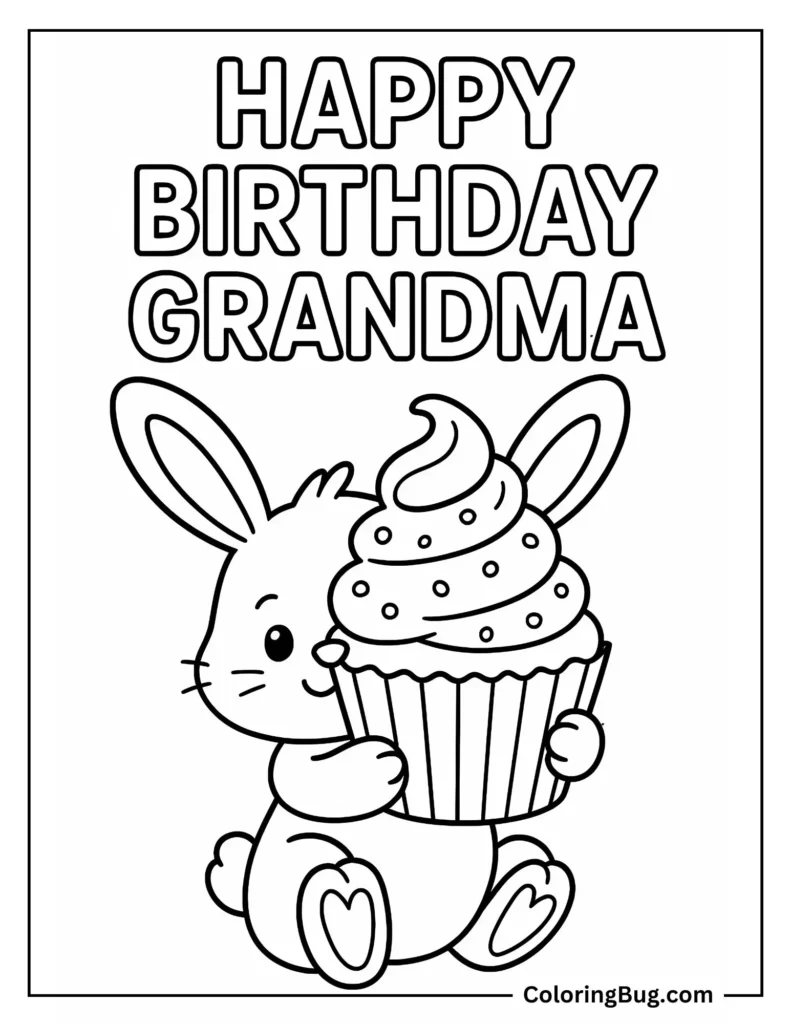 Free printable Happy Birthday Grandma Coloring Pages featuring a cute bunny holding a cupcake