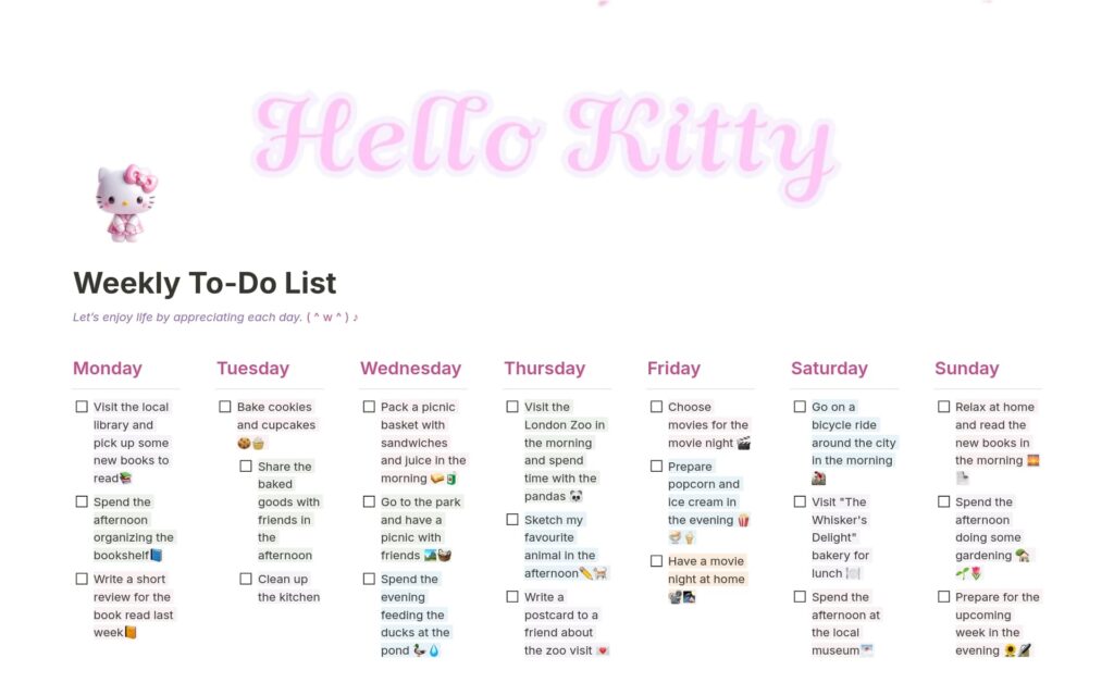 hello kitty weekly to do list