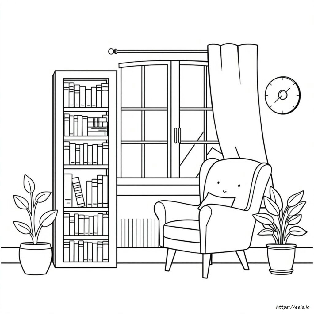 I Love Reading Coloring Pages – Cozy Reading Nook Cozy reading nook with a bookshelf, chair, and plants in I Love Reading Coloring Pages