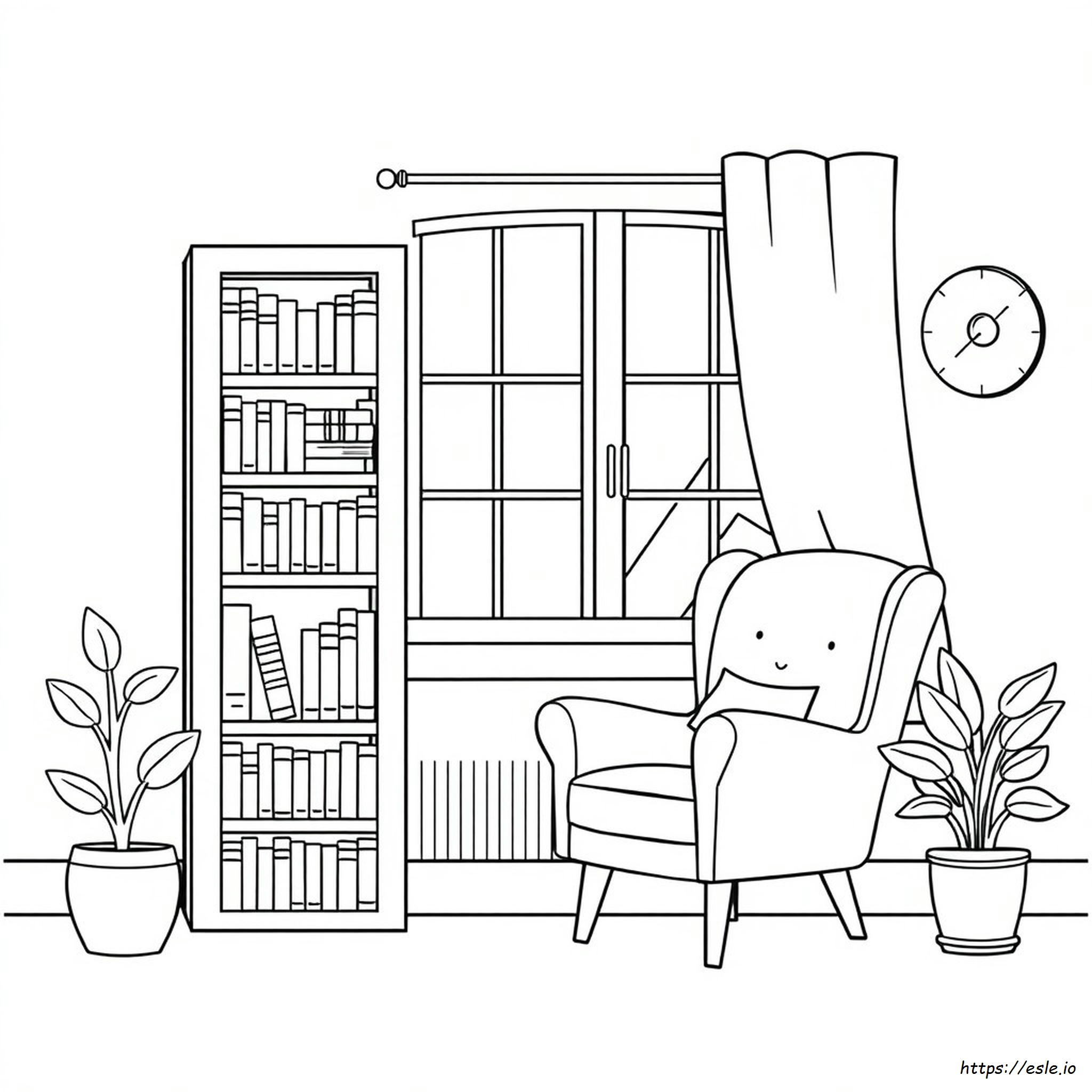 Cozy reading nook with a bookshelf, chair, and plants in I Love Reading Coloring Pages