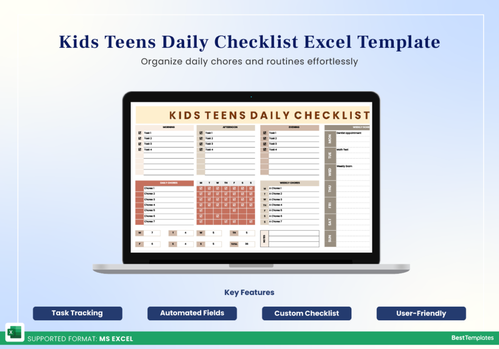 kids teens daily checklist excel template