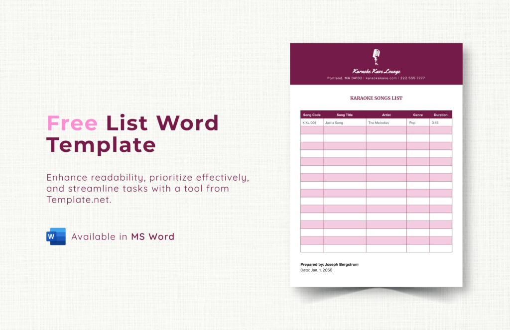 list word template
