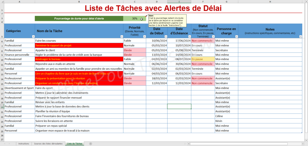 liste de taches avec alertes sur une colonne et menus liste de taches avec alertes sur une colonne et menus