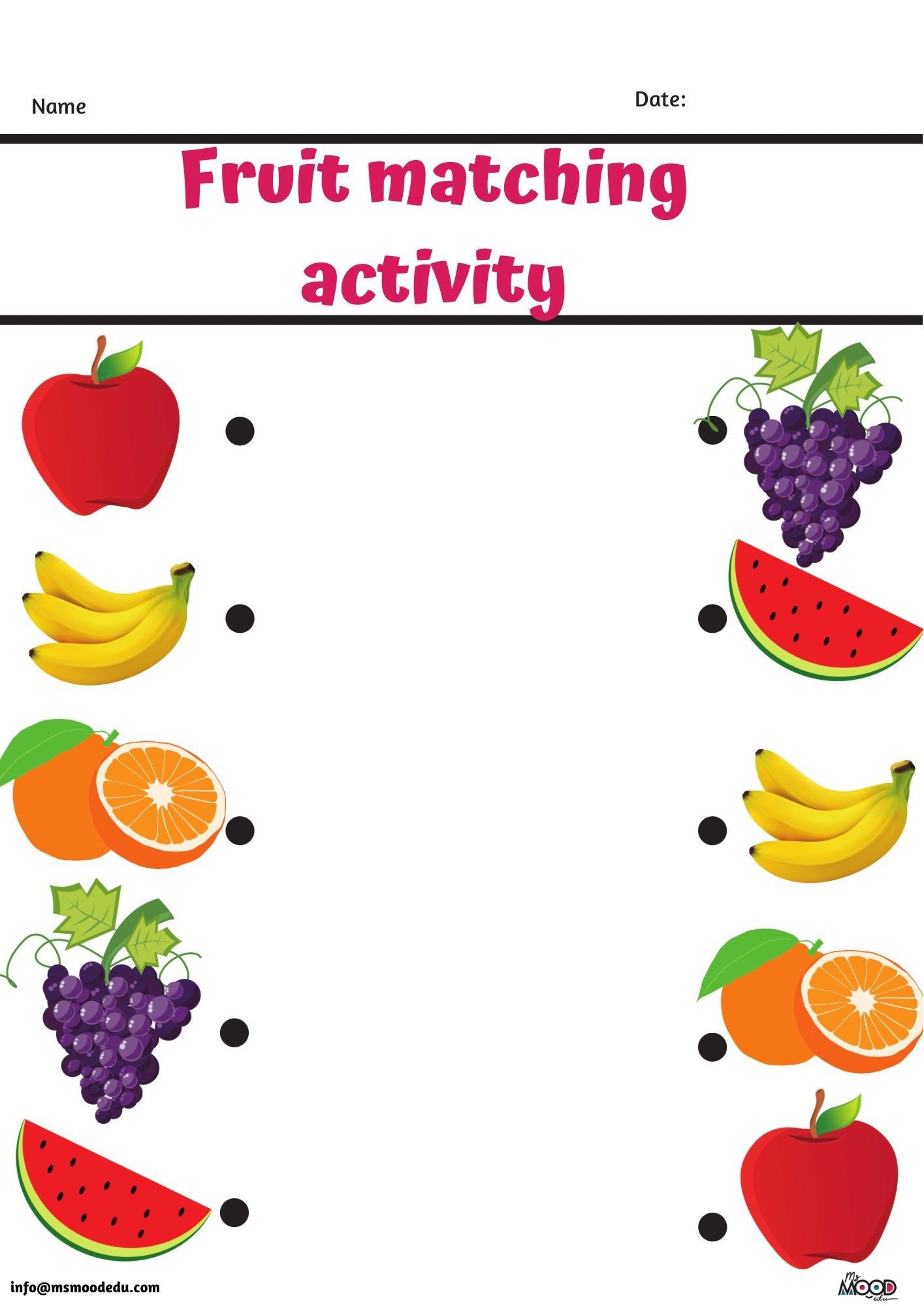 Matching Activity Sheets For Preschoolers - Fruit matching | Fun worksheets for kids, Kids worksheets preschool ...