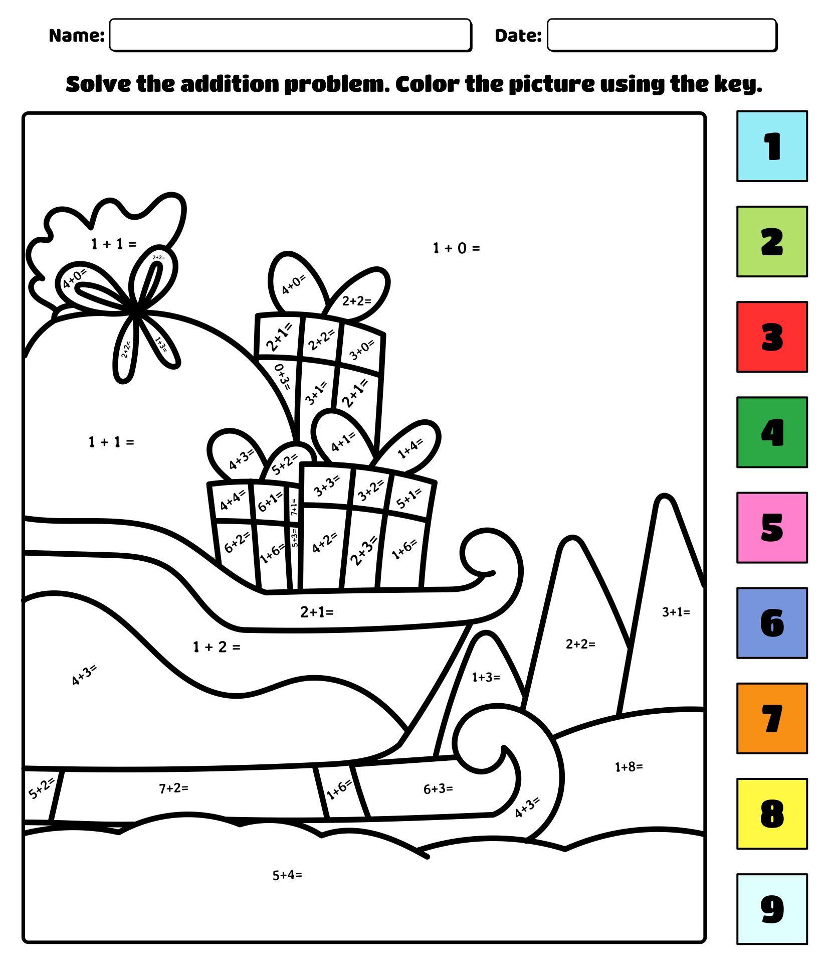 Engaging Math Problem Color By Number worksheet featuring addition problems to solve and color
