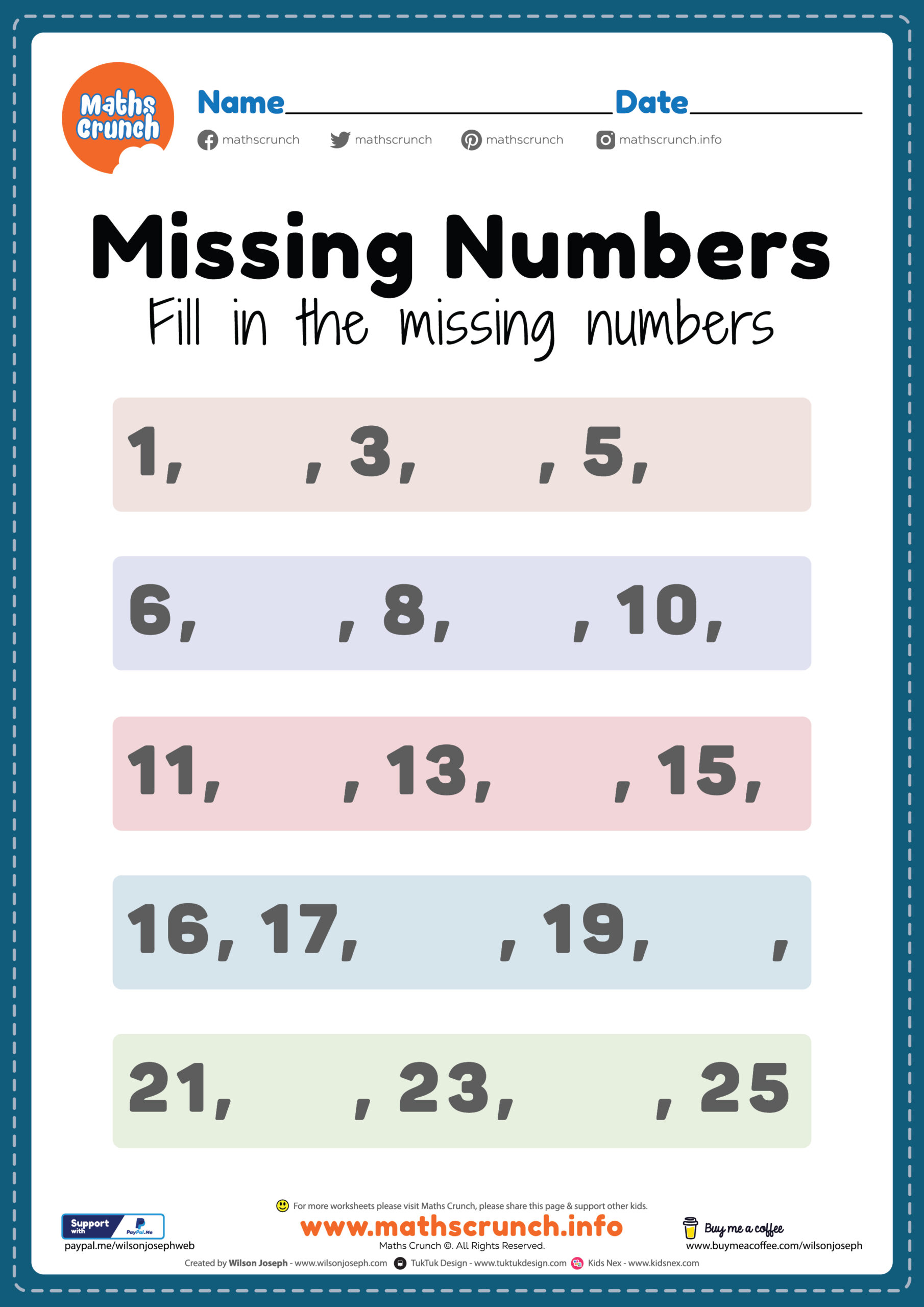 Free printable Missing Number Worksheets For Kindergarten with fill-in-the-blank format