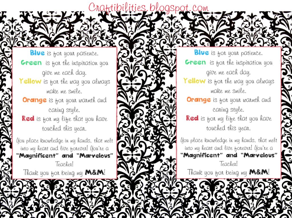 M&M Teacher Appreciation Free Printable featuring colorful messages for teachers
