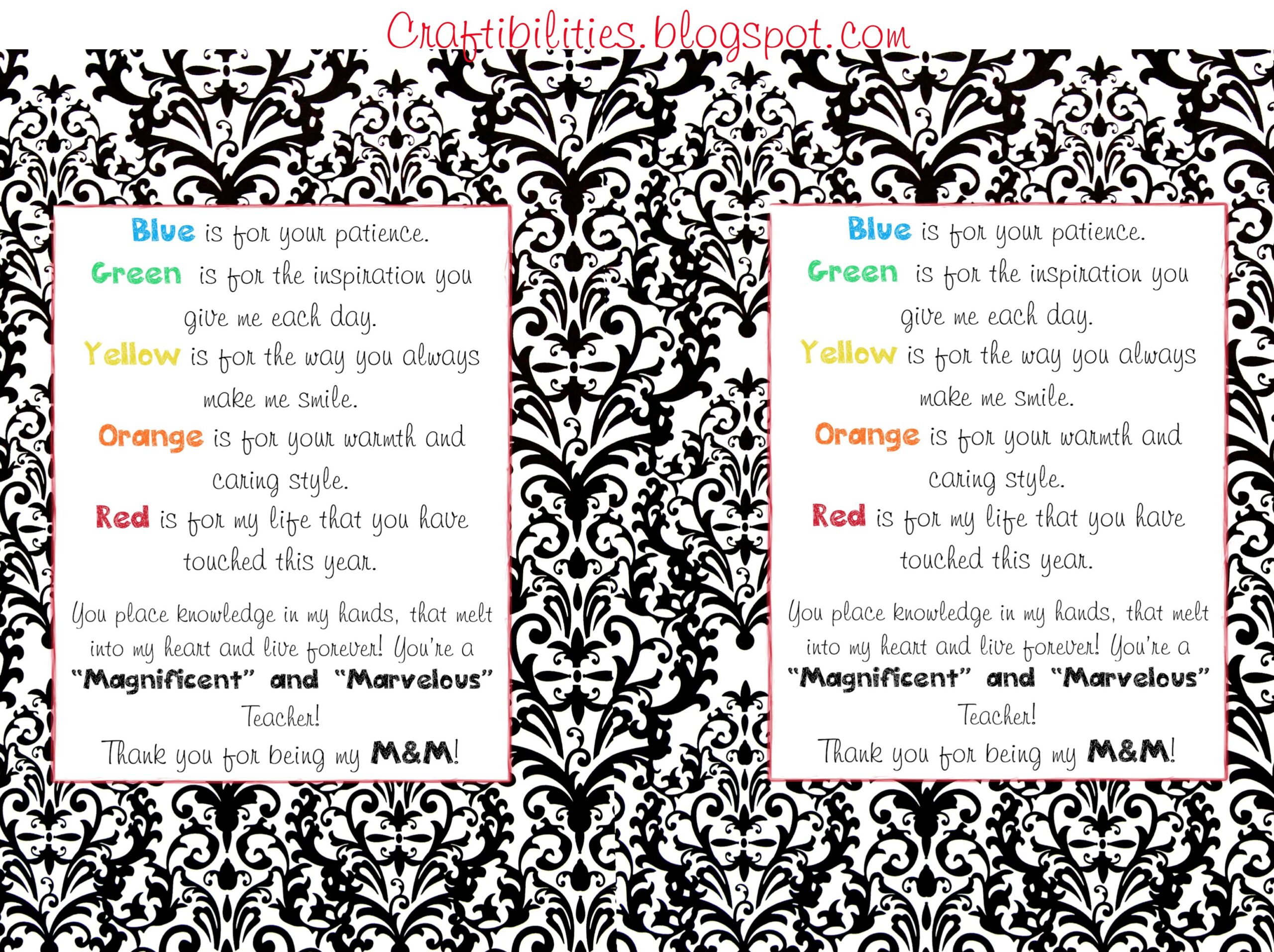 M&M Teacher Appreciation Free Printable featuring colorful messages for teachers
