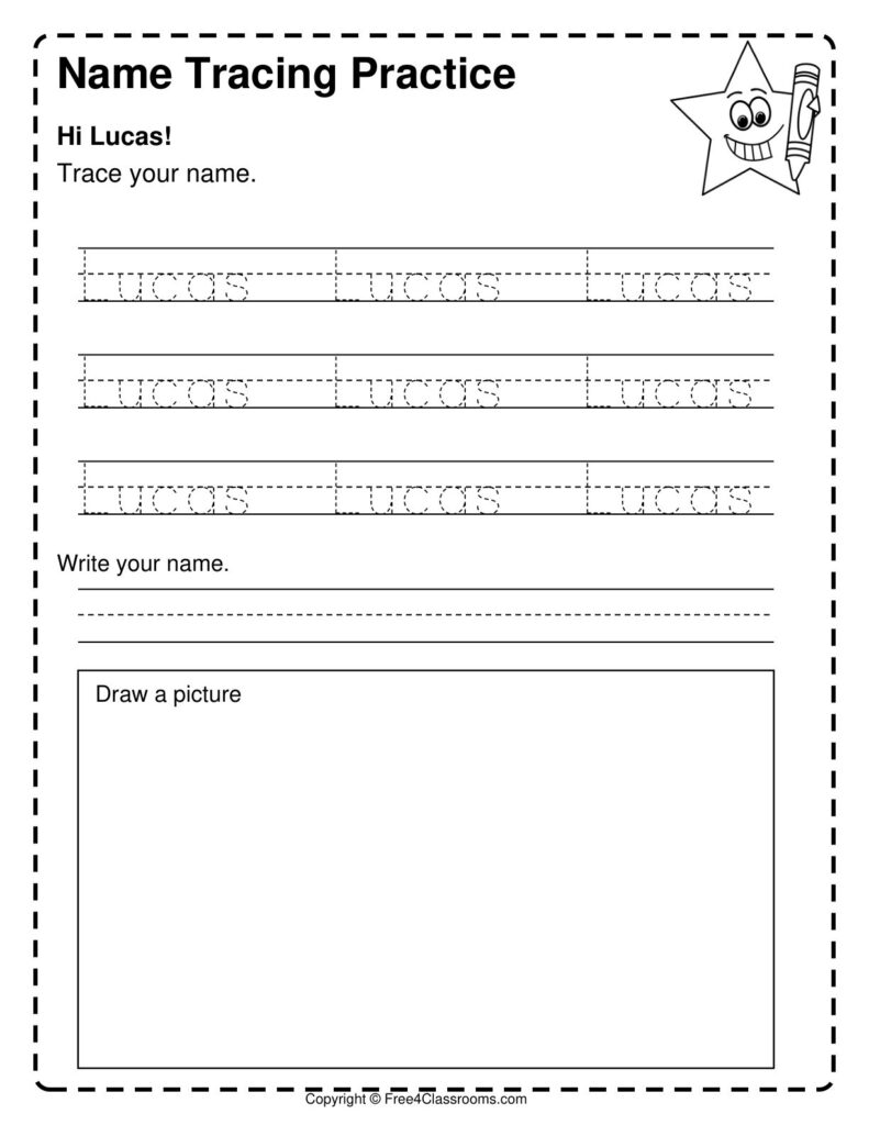 Name Writing Practice For Kindergarten – Free Name Tracing Worksheet Free printable Name Writing Practice For Kindergarten worksheet for tracing the name Lucas