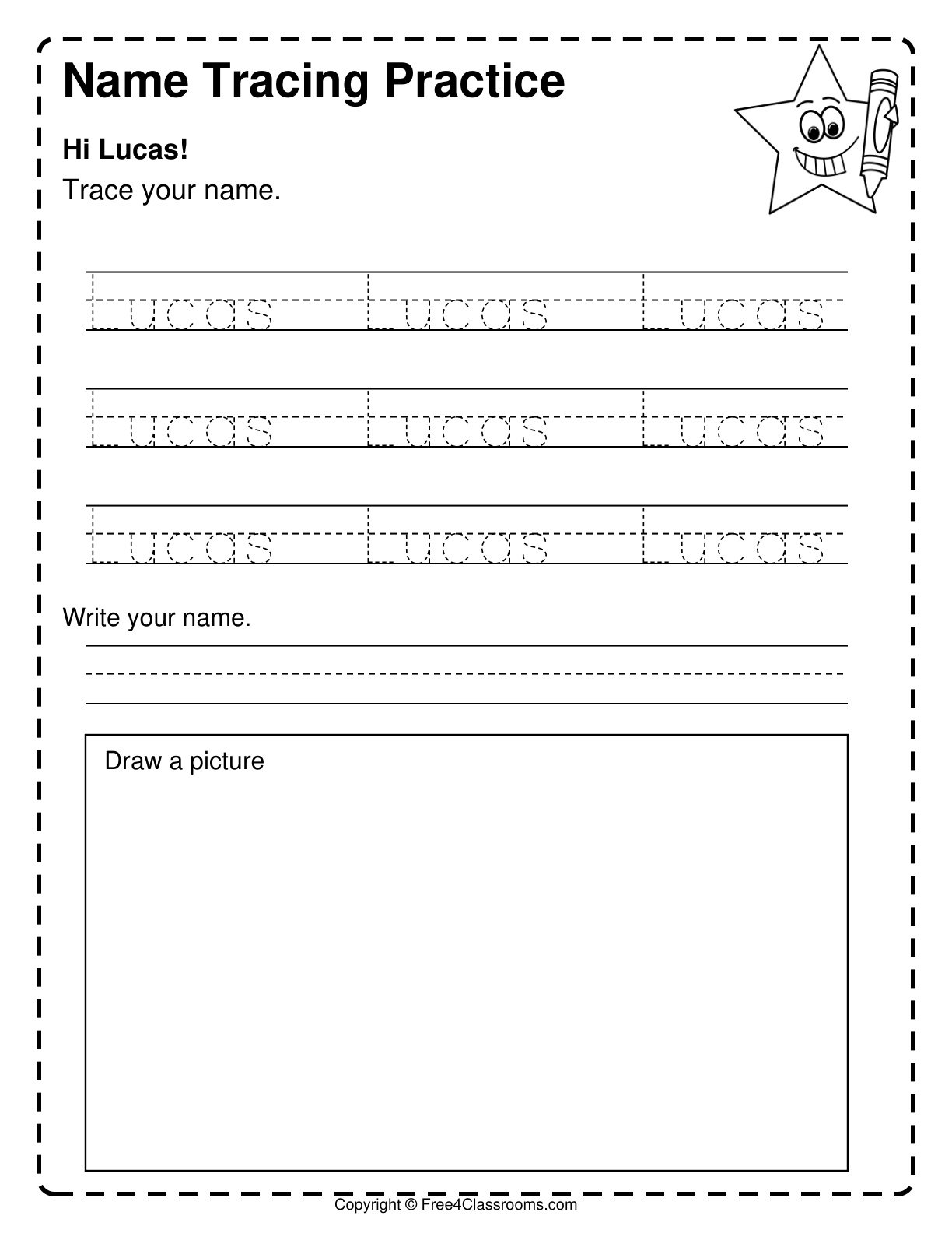 Free printable Name Writing Practice For Kindergarten worksheet for tracing the name Lucas