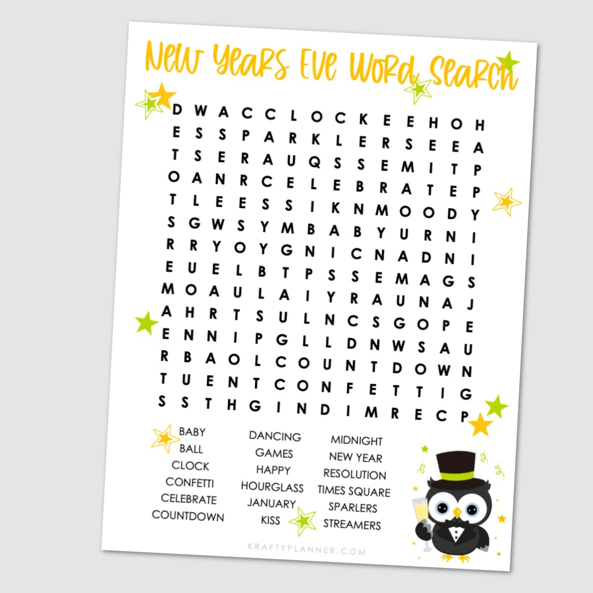 Engaging New Year Word Search Free Printable featuring festive words and a cute penguin design