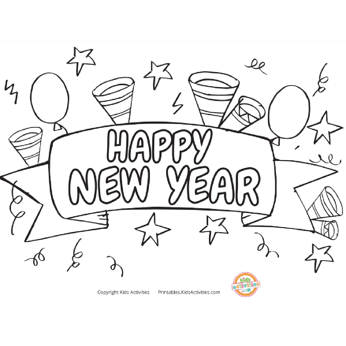 Happy New Year coloring page featuring festive balloons and party hats - New Years Craft Preschool Printable
