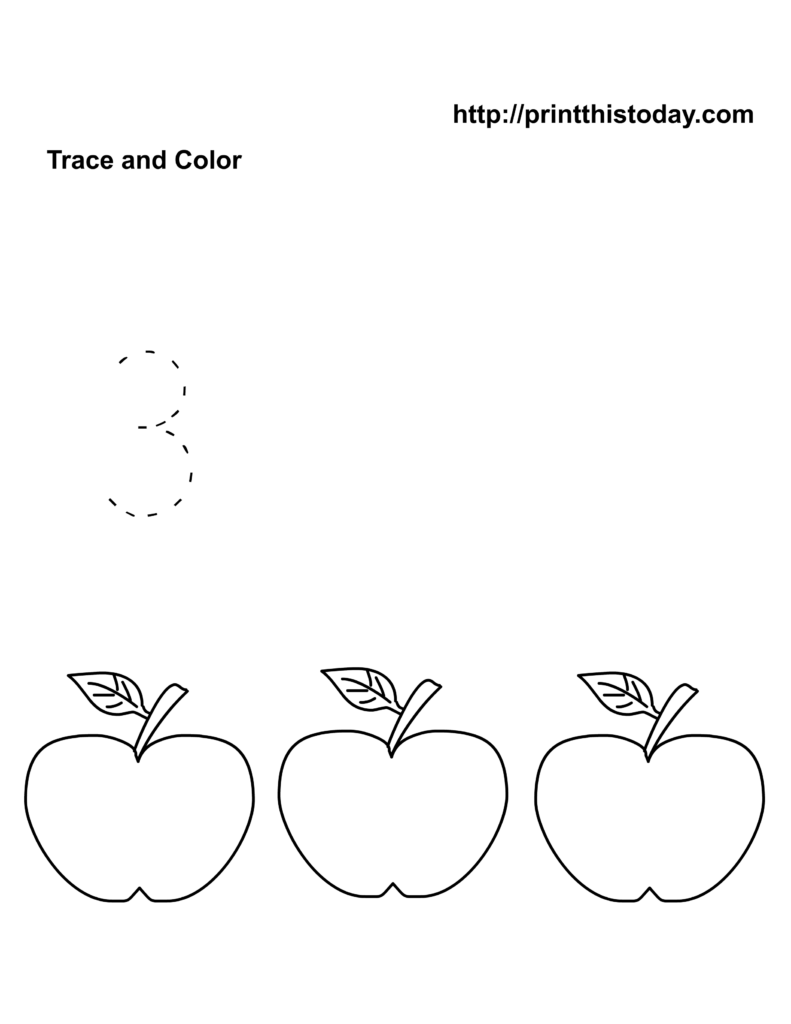 Free printable Number 3 Worksheets For Preschoolers featuring tracing and coloring apples