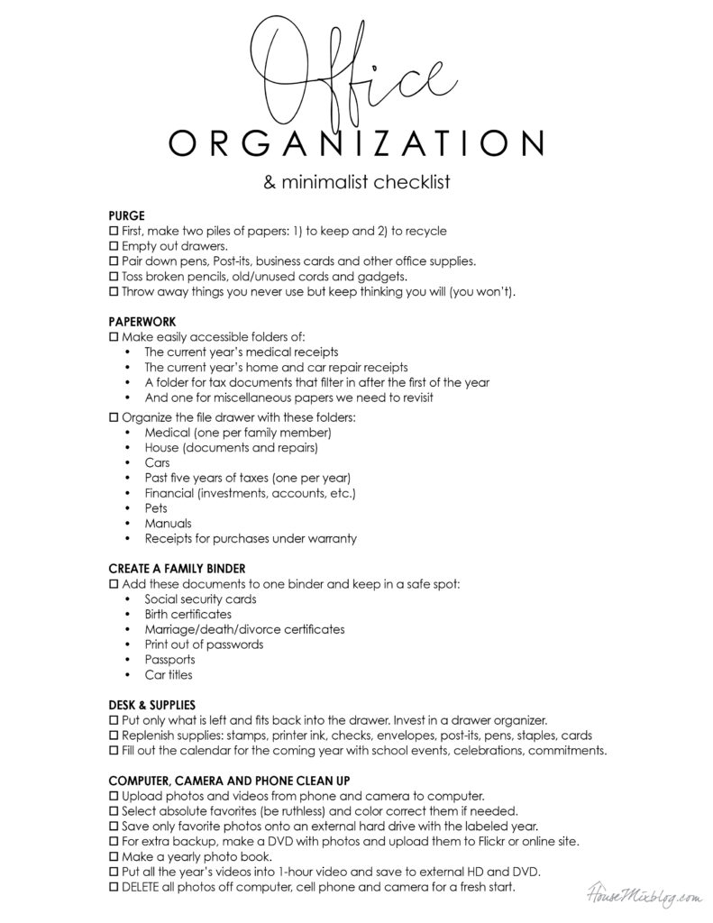 office organization ideas and minimalist checklist