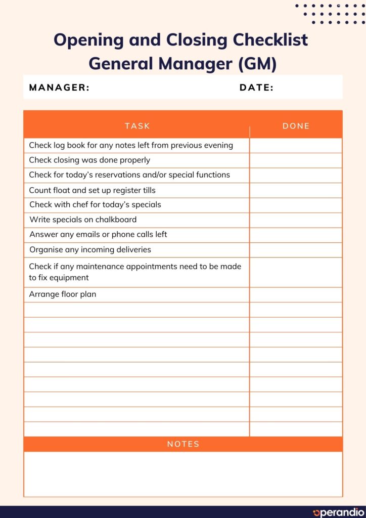 opening closing checklist template hospitality