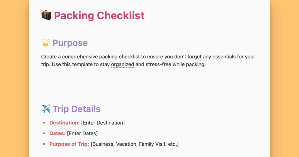 packing checklist template