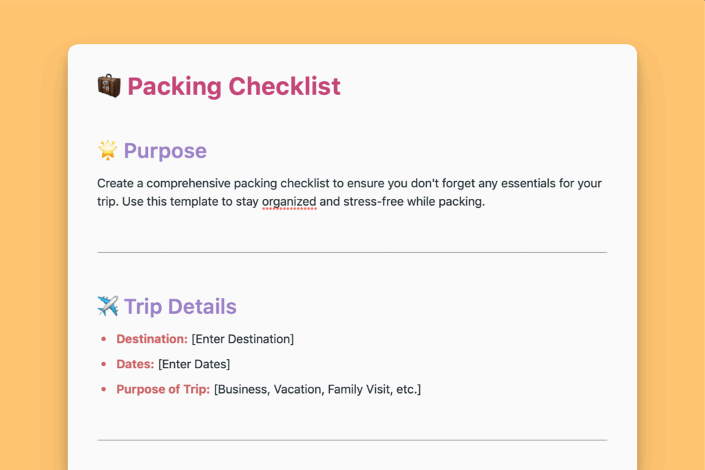 packing checklist template