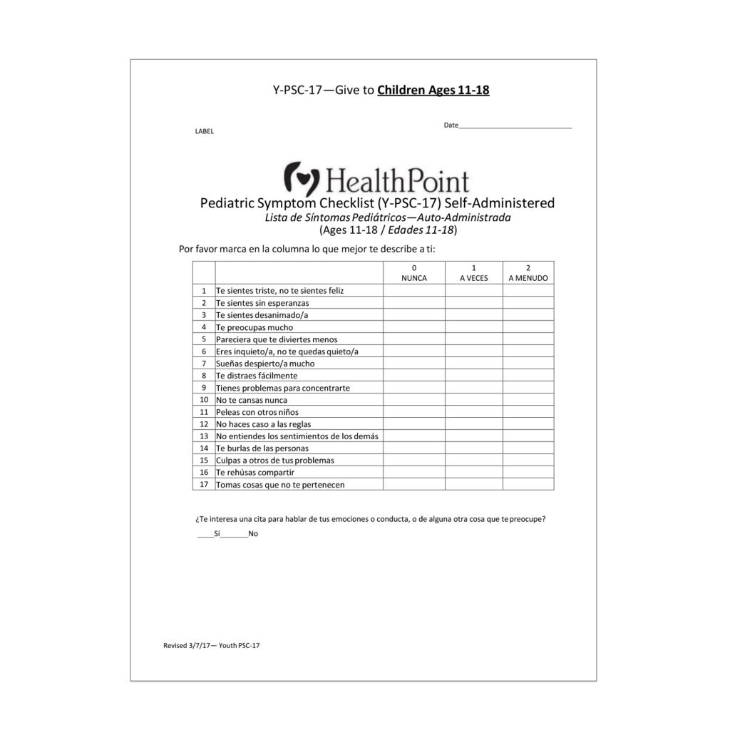 pediatric symptom checklist self administer pediatric symptom checklist self administer