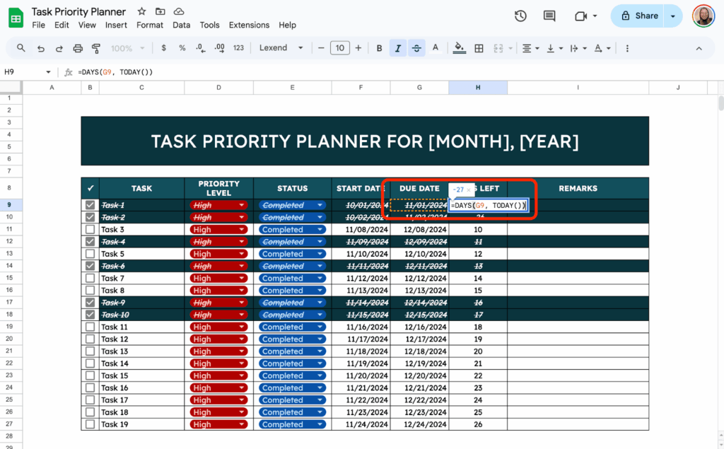Per_Tasks_In_Checklist_B - how to build a task priority planner using checkboxes and conditional formatting in google sheets