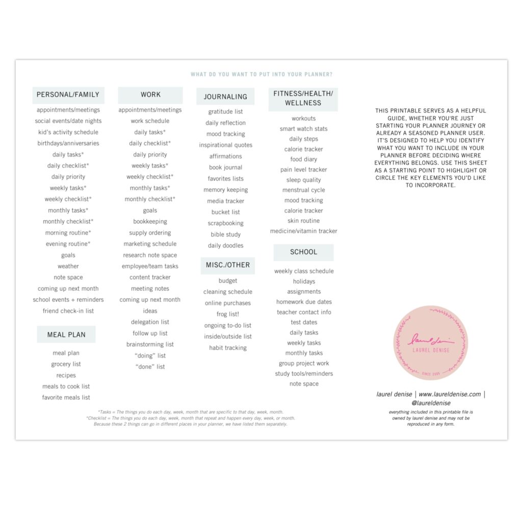 Planner And Answer To Checklist - getting started what to put in your planner printable