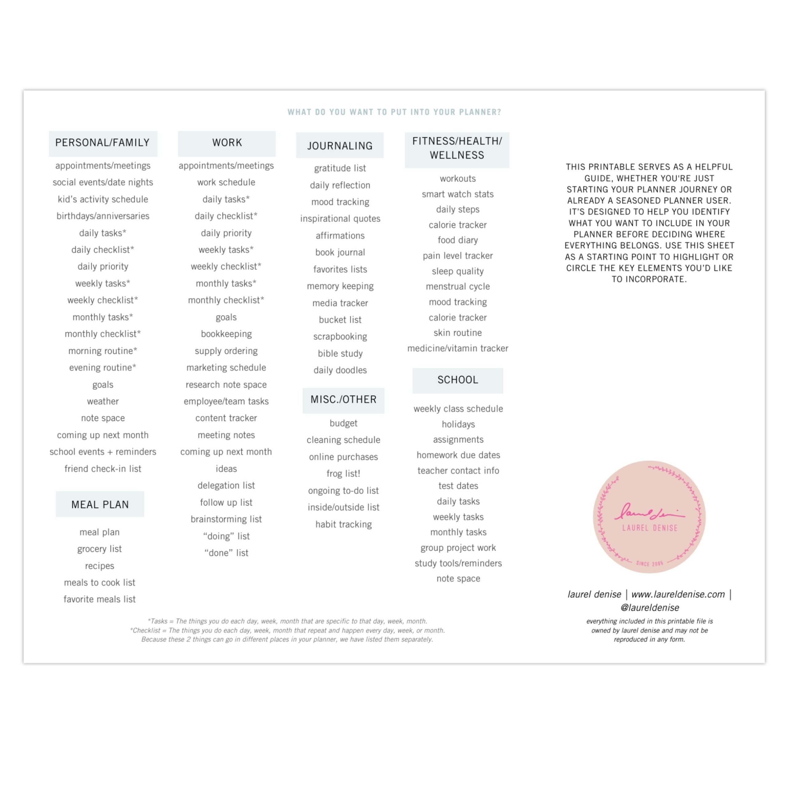 Planner And Answer To Checklist - getting started what to put in your planner printable
