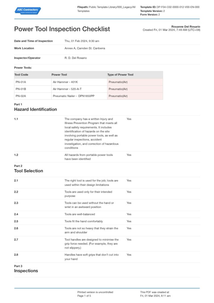 power tool inspection checklist power tool inspection checklist