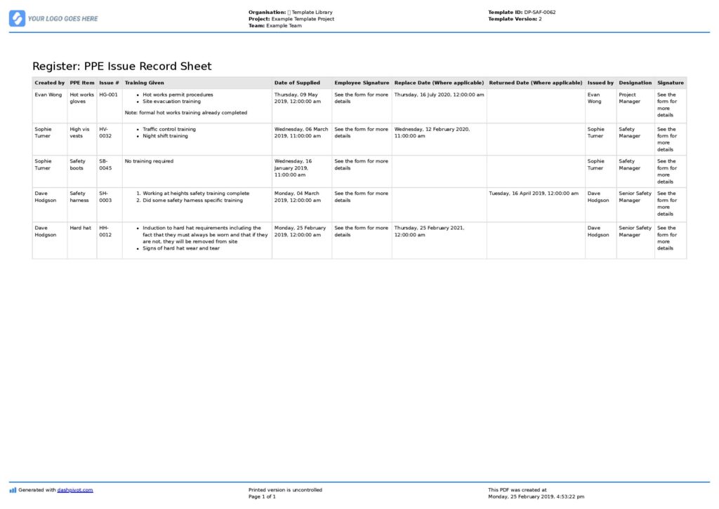 Ppe Checklist Template Free Download - ppe issue record sheet