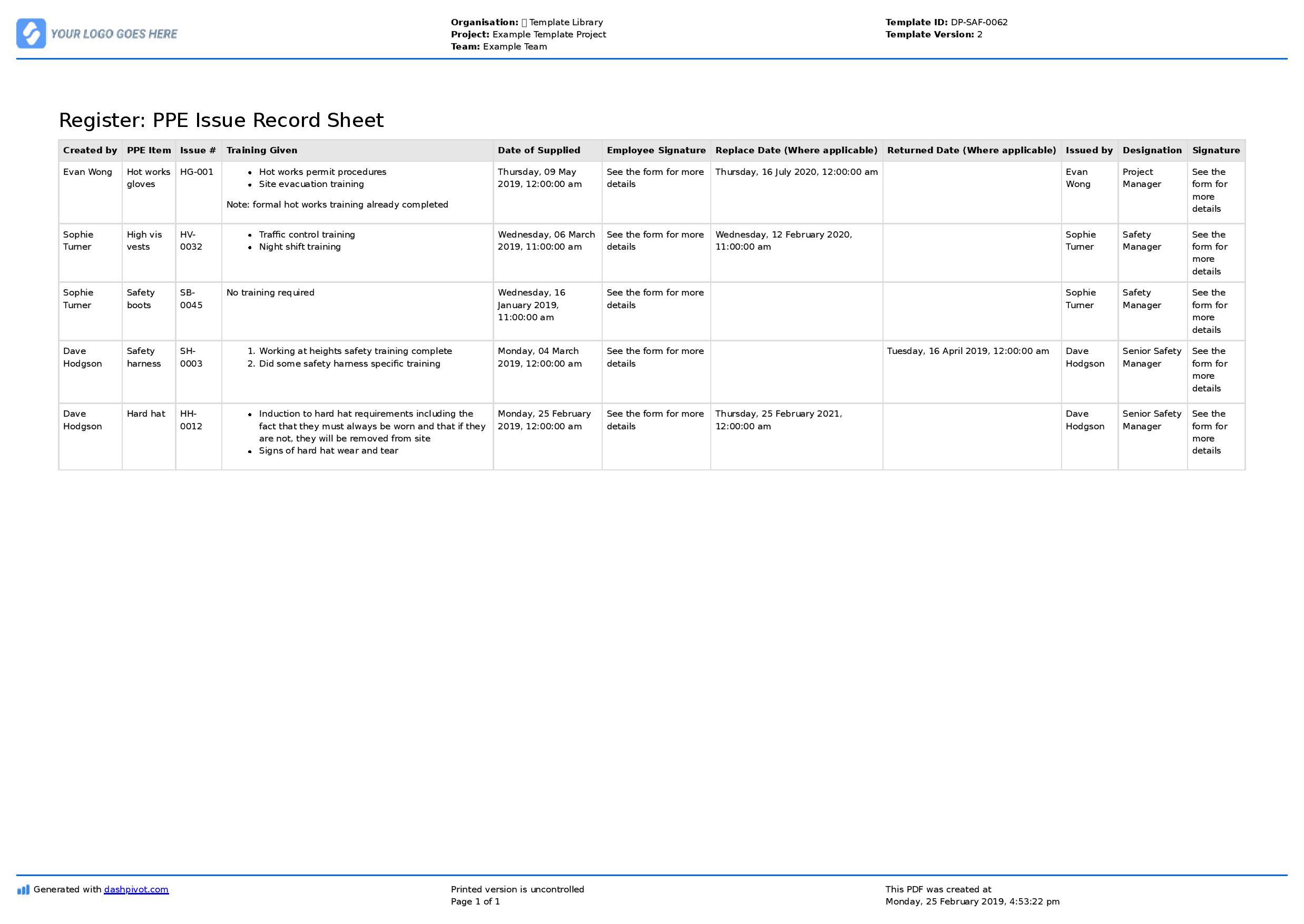 Ppe Checklist Template Free Download - ppe issue record sheet