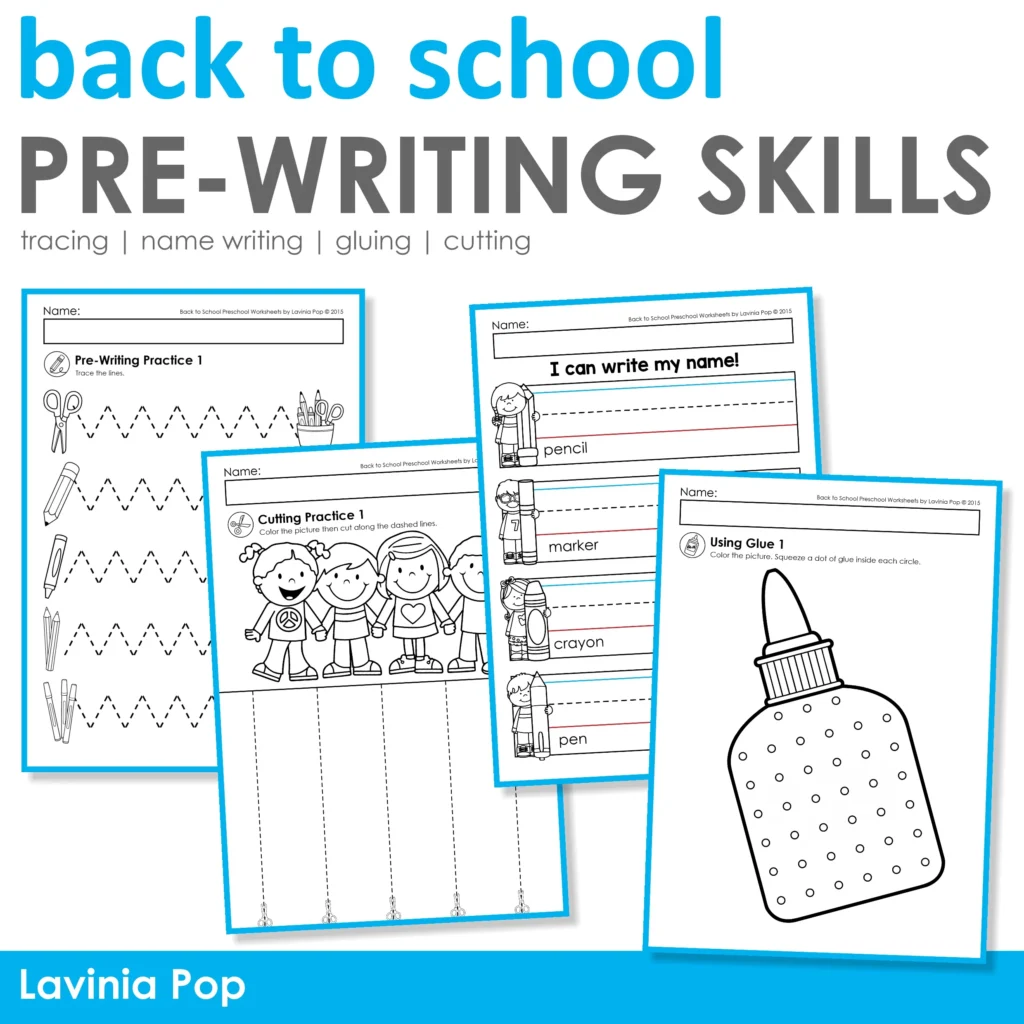 Free printable Pre Writing Sheets For Preschoolers featuring tracing, name writing, and cutting activities