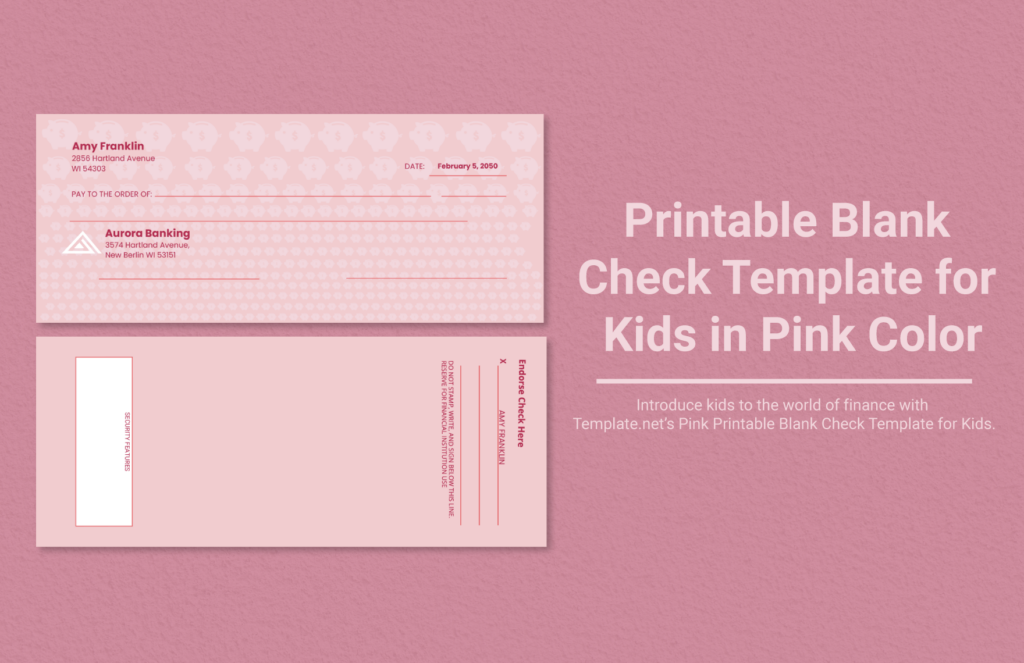 printable blank check template for kids in pink color