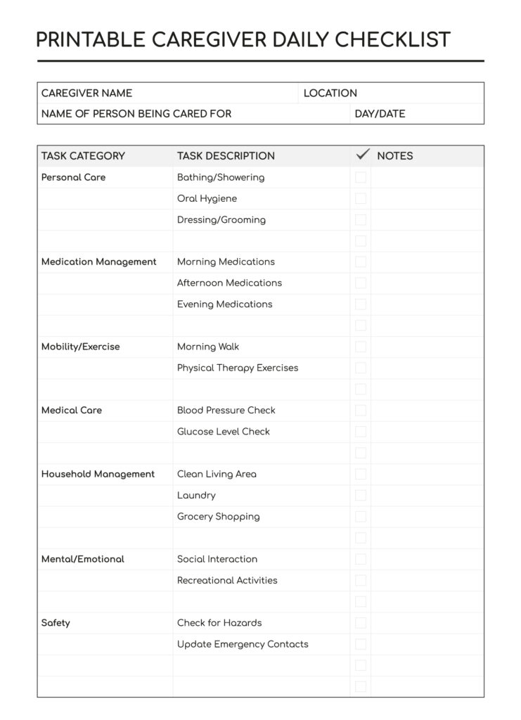 printable caregiver daily checklist free google docs template printable caregiver daily checklist free google docs template