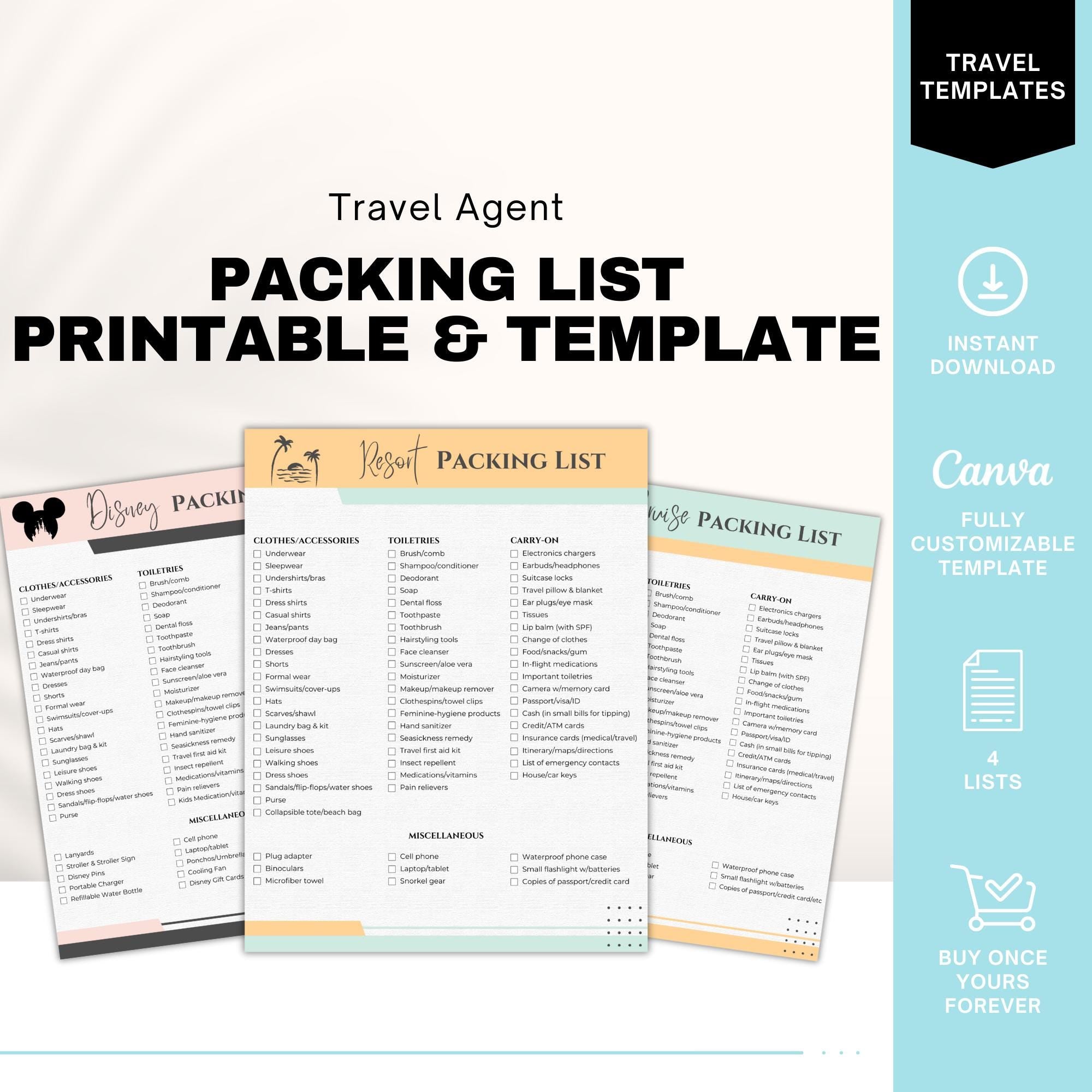 Printable Editable Travel Checklist Template - vacation packing list travel agent 92964
